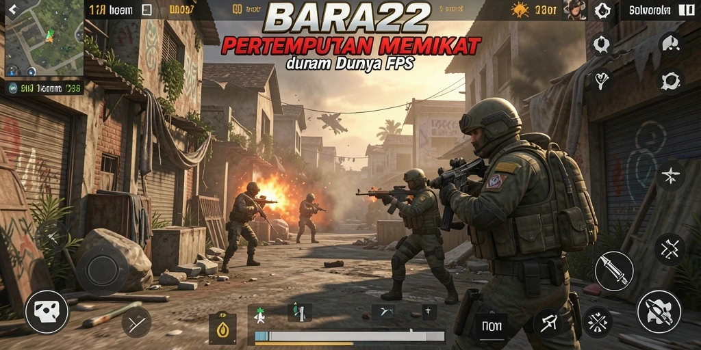Screenshot utama BARA22 menunjukkan aksi tembak-menembak yang intens.