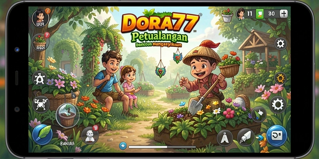 Tampilan gameplay DORA77 dengan kebun yang subur dan hewan lucu.