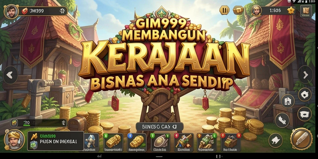 Screenshot GIM999 menampilkan gameplay membangun kerajaan bisnis.
