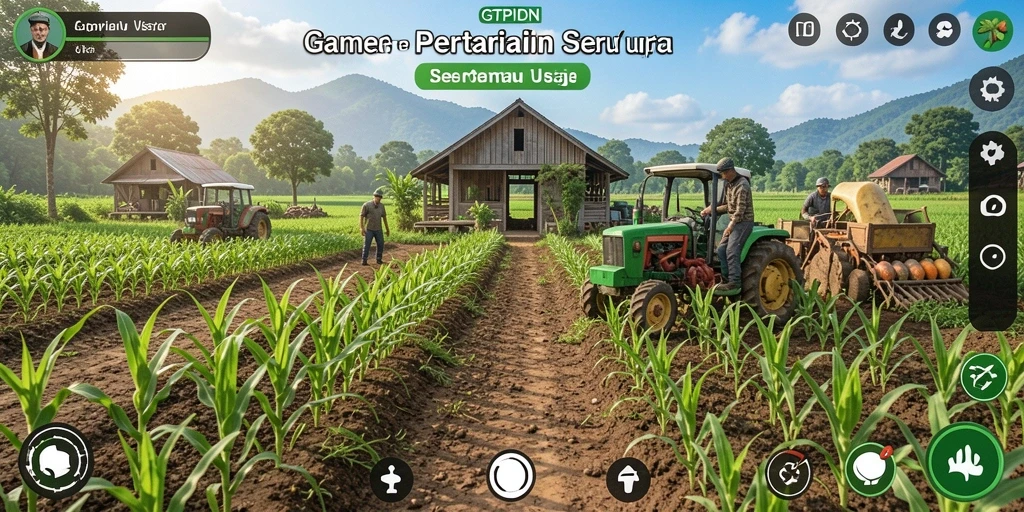 Screenshot GTPIDN menampilkan gambar ladang hijau dengan tanaman subur dan hewan ternak.