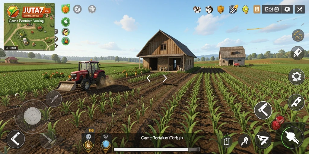 Tampilan gameplay <strong>JUTA7</strong> dengan ladang hijau dan berbagai tanaman.