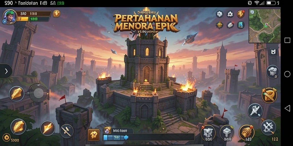 Screenshot S80 menunjukkan aksi menara melawan gelombang musuh yang intens.